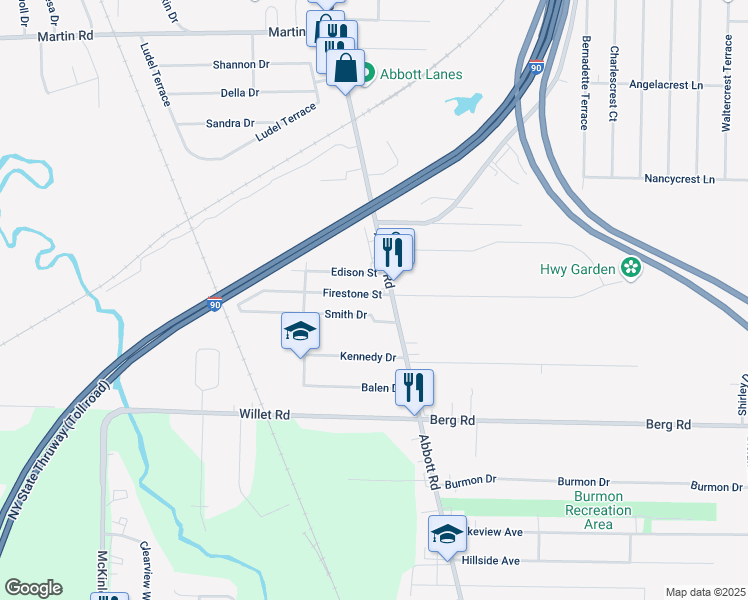 map of restaurants, bars, coffee shops, grocery stores, and more near 176 Firestone Street in Lackawanna