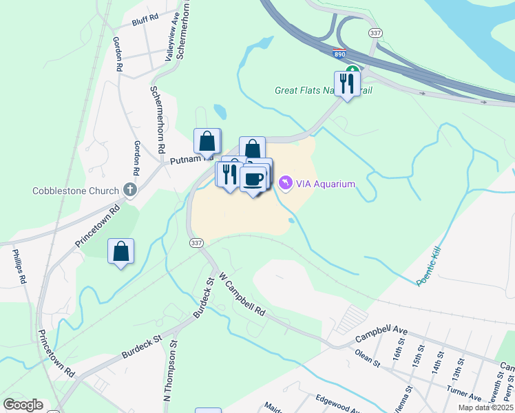 map of restaurants, bars, coffee shops, grocery stores, and more near 93 West Campbell Road in Schenectady