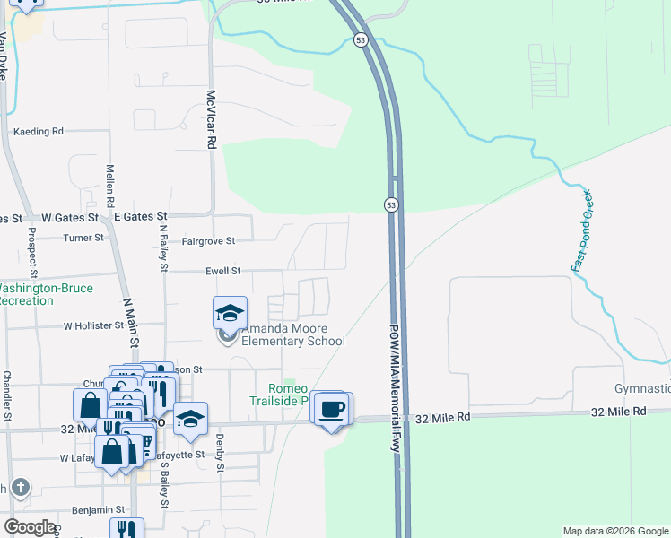 map of restaurants, bars, coffee shops, grocery stores, and more near 423 Ewell Street in Romeo