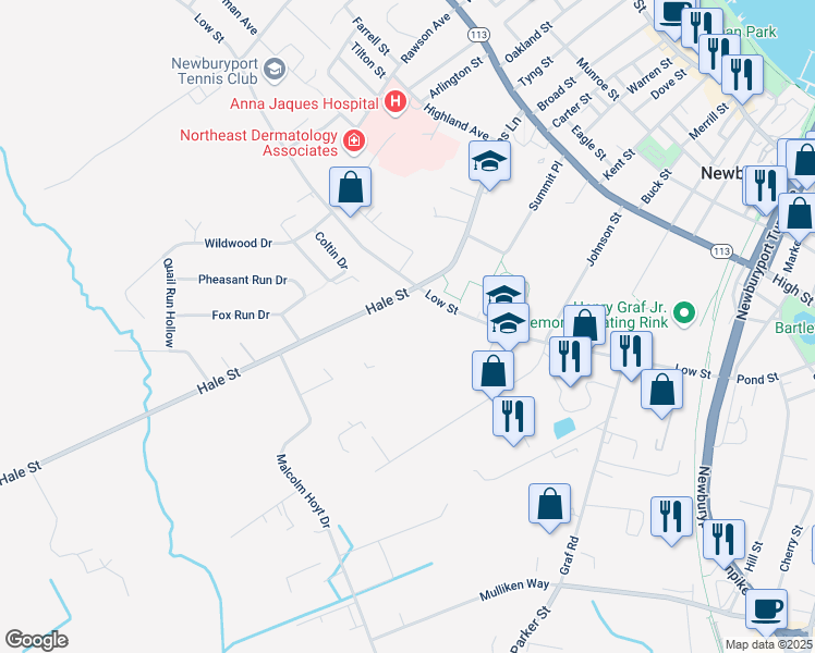 map of restaurants, bars, coffee shops, grocery stores, and more near 5 Hale Street in Newburyport