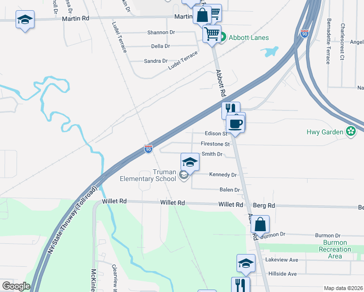 map of restaurants, bars, coffee shops, grocery stores, and more near 96 Firestone Street in Buffalo