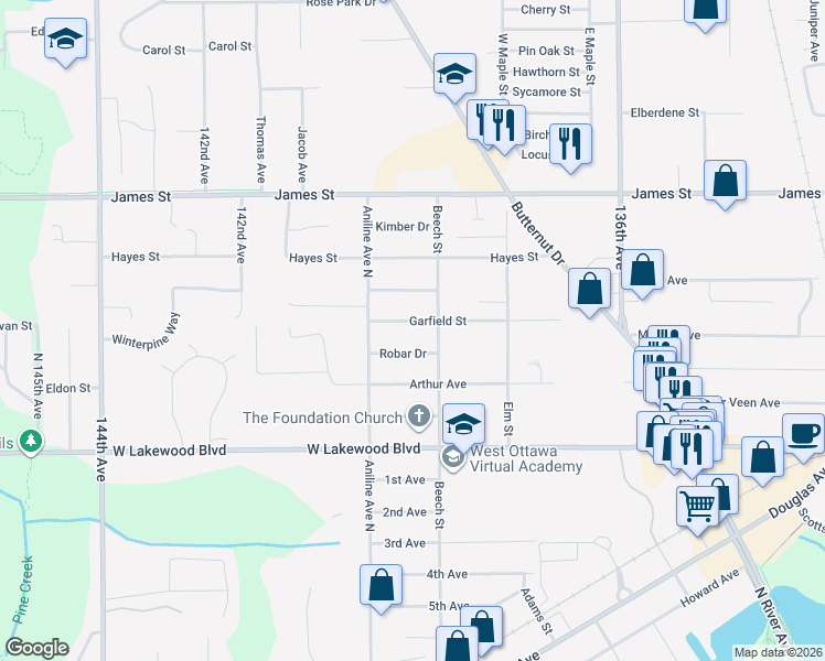 map of restaurants, bars, coffee shops, grocery stores, and more near 390 Garfield Avenue in Holland