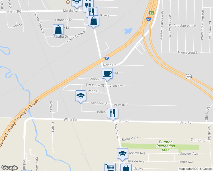 map of restaurants, bars, coffee shops, grocery stores, and more near 199 Firestone Street in Lackawanna