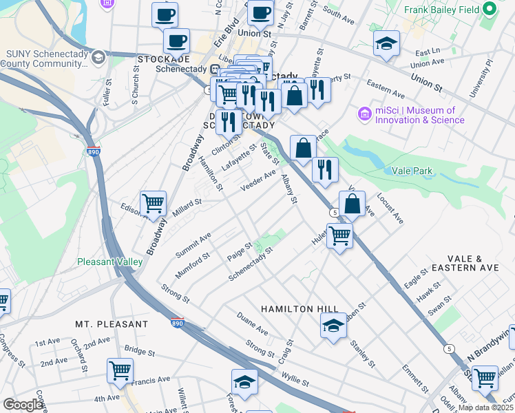 map of restaurants, bars, coffee shops, grocery stores, and more near 341 Georgetta Dix Plaza in Schenectady