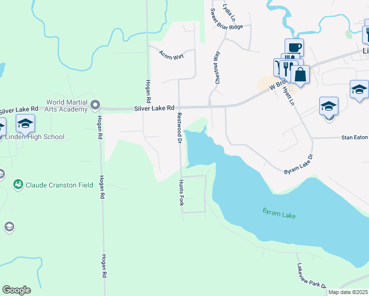 map of restaurants, bars, coffee shops, grocery stores, and more near 15081 Restwood Drive in Linden