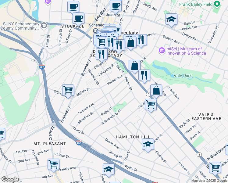 map of restaurants, bars, coffee shops, grocery stores, and more near 341 Georgetta Dix Plaza in Schenectady