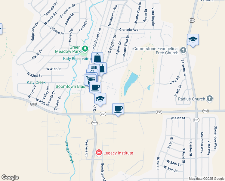 map of restaurants, bars, coffee shops, grocery stores, and more near 1261 Boulder Drive in Casper