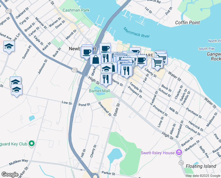 map of restaurants, bars, coffee shops, grocery stores, and more near 138 High Street in Newburyport