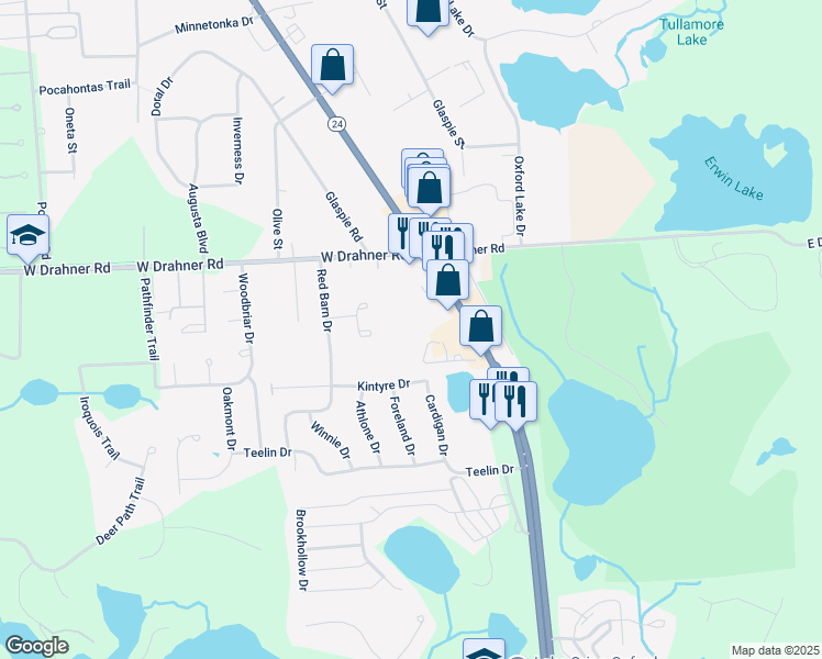 map of restaurants, bars, coffee shops, grocery stores, and more near 1327 Mill Valley Court in Oakland County