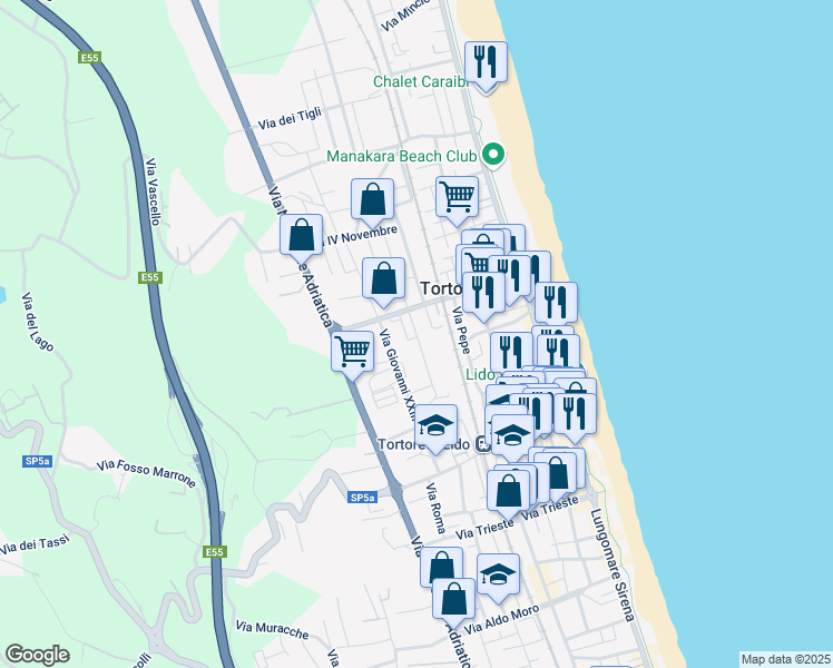 map of restaurants, bars, coffee shops, grocery stores, and more near 12 Via Lampedusa in Tortoreto Lido