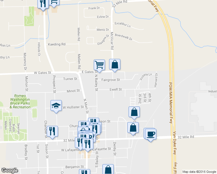 map of restaurants, bars, coffee shops, grocery stores, and more near 241 Ewell Street in Romeo