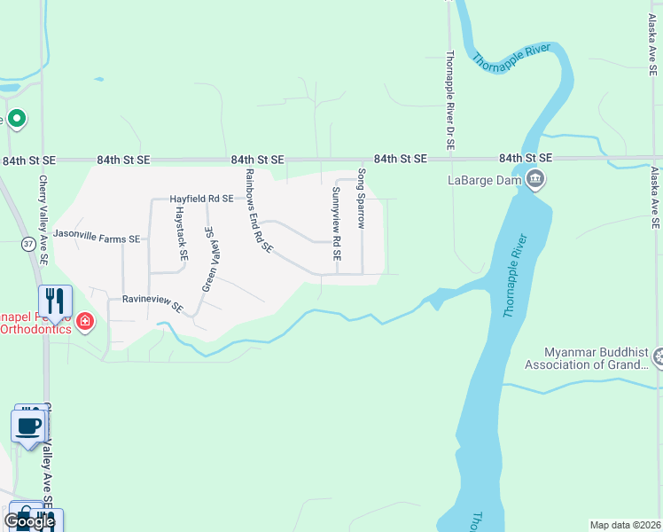 map of restaurants, bars, coffee shops, grocery stores, and more near 8700 Rainbows End Road Southeast in Caledonia