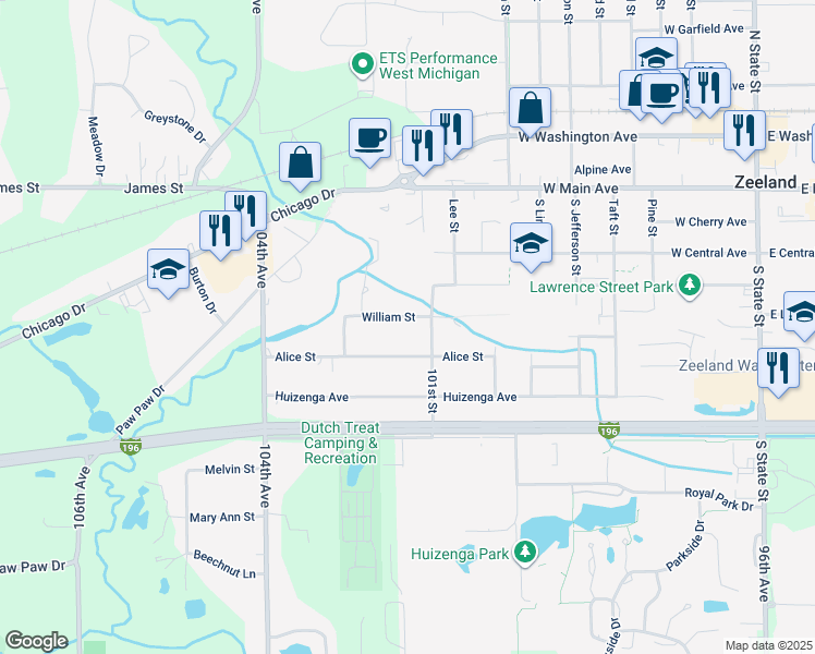 map of restaurants, bars, coffee shops, grocery stores, and more near 506 William Street in Zeeland