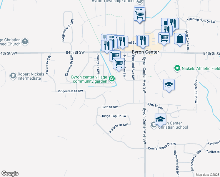 map of restaurants, bars, coffee shops, grocery stores, and more near 2601 Meadow Ridge in Byron Center