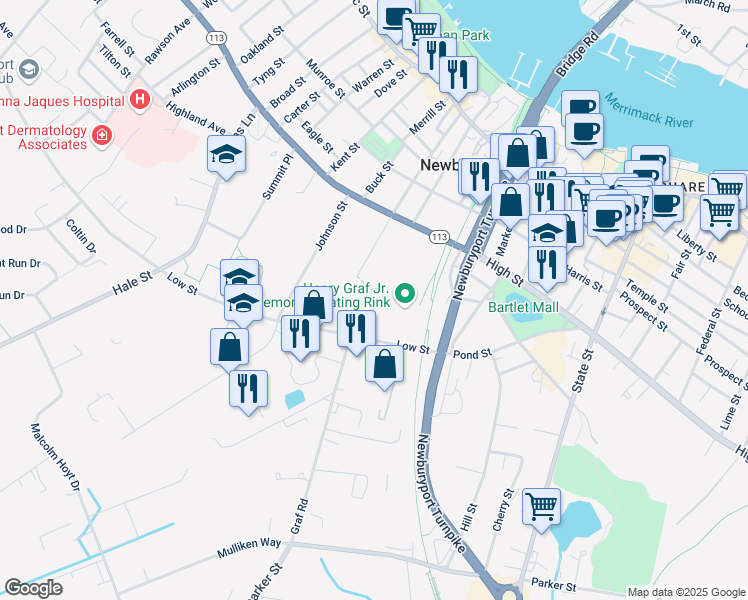 map of restaurants, bars, coffee shops, grocery stores, and more near 32 Low Street in Newburyport