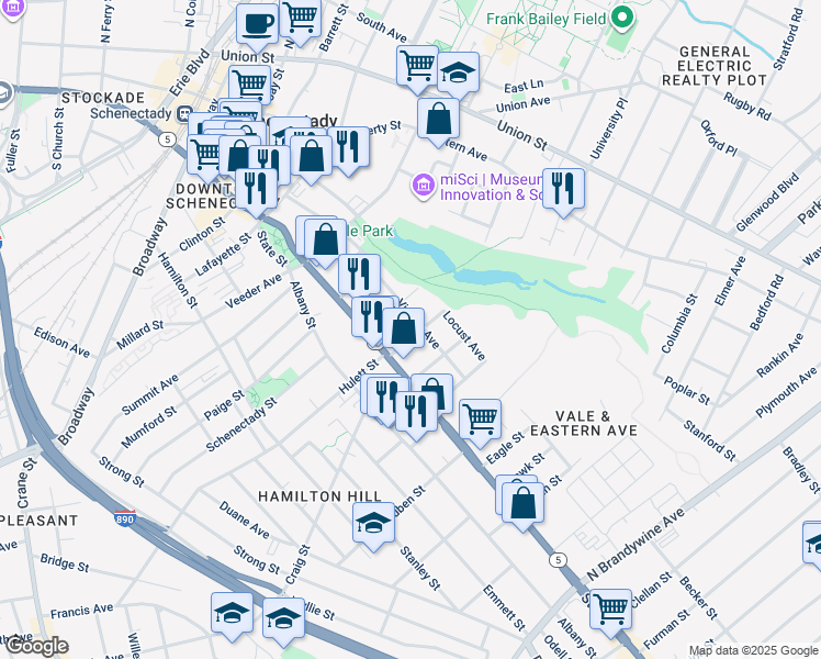 map of restaurants, bars, coffee shops, grocery stores, and more near 12 Mynderse Street in Schenectady
