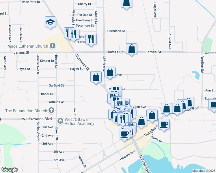 map of restaurants, bars, coffee shops, grocery stores, and more near 136TH Lane Avenue in Holland