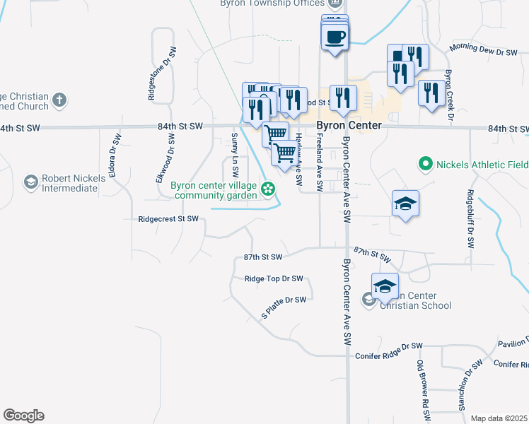 map of restaurants, bars, coffee shops, grocery stores, and more near 2601 Meadow Ridge in Byron Center