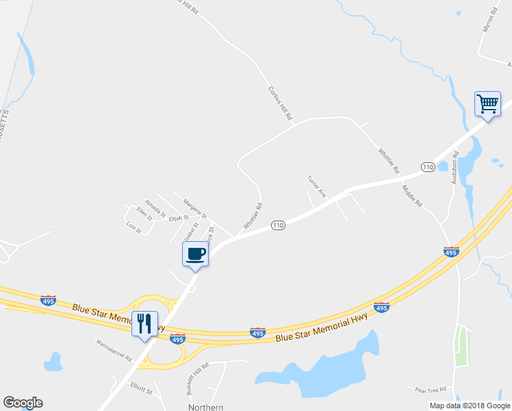 map of restaurants, bars, coffee shops, grocery stores, and more near 36 Whittier Road in Haverhill