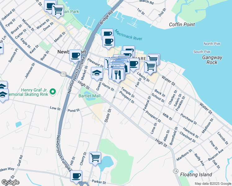 map of restaurants, bars, coffee shops, grocery stores, and more near 1 Harris Street in Newburyport