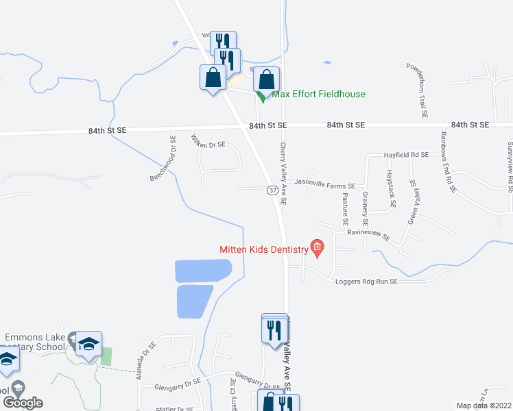 map of restaurants, bars, coffee shops, grocery stores, and more near 8591 Cherry Valley Avenue Southeast in Caledonia