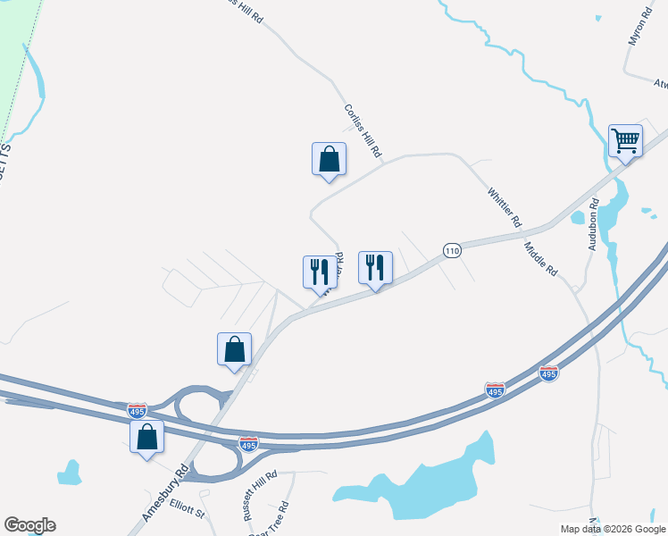 map of restaurants, bars, coffee shops, grocery stores, and more near 36 Whittier Road in Haverhill