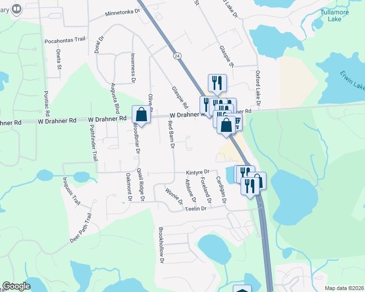 map of restaurants, bars, coffee shops, grocery stores, and more near 1086 Mill Valley Court in Oakland County
