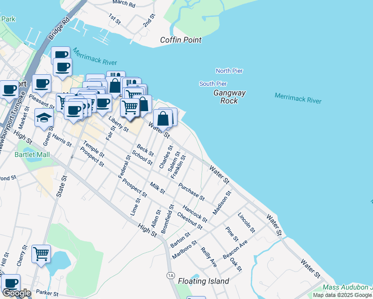 map of restaurants, bars, coffee shops, grocery stores, and more near 163 Water Street in Newburyport