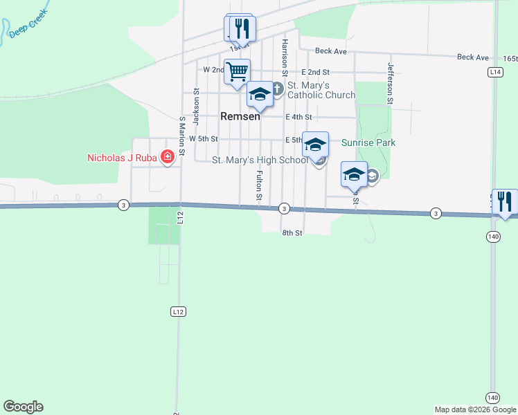 map of restaurants, bars, coffee shops, grocery stores, and more near 43467 Iowa 3 in Remsen