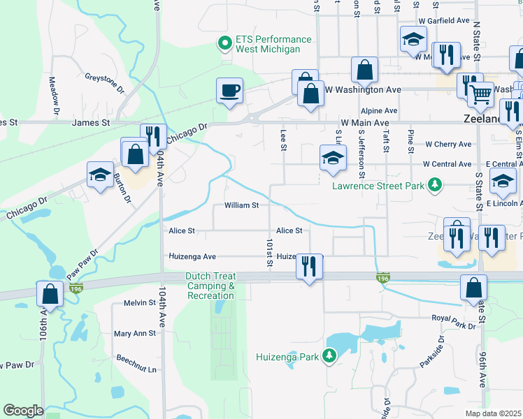 map of restaurants, bars, coffee shops, grocery stores, and more near 506 William Street in Zeeland