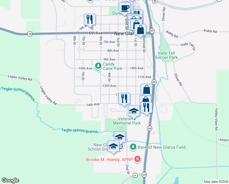 map of restaurants, bars, coffee shops, grocery stores, and more near 306 13th Ave in New Glarus