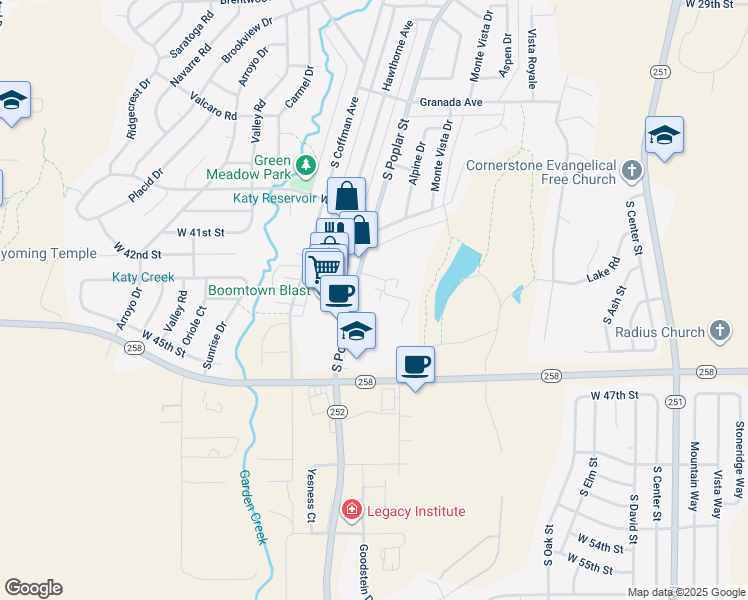 map of restaurants, bars, coffee shops, grocery stores, and more near 1271 Boulder Drive in Casper