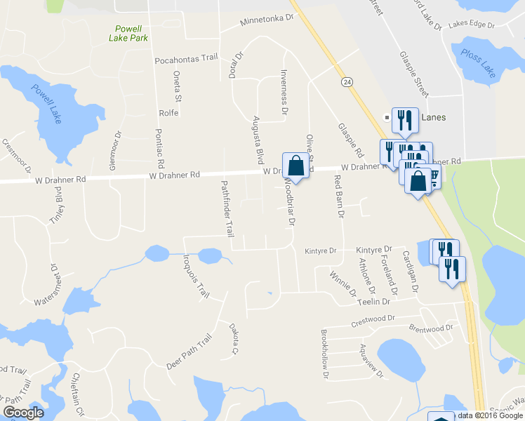 map of restaurants, bars, coffee shops, grocery stores, and more near 1176 Hillcrest Drive in Oxford Charter Township