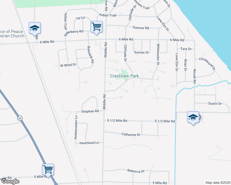 map of restaurants, bars, coffee shops, grocery stores, and more near 2925 Crestview Park Drive in Racine