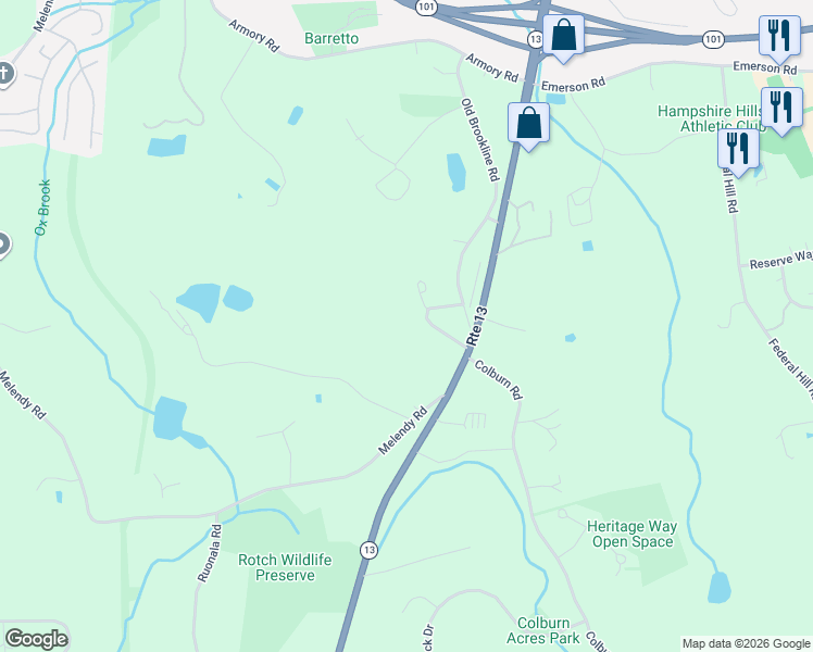 map of restaurants, bars, coffee shops, grocery stores, and more near 111 Old Brookline Road in Milford