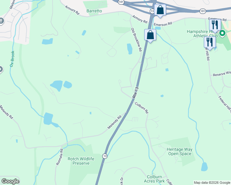 map of restaurants, bars, coffee shops, grocery stores, and more near 111 Old Brookline Road in Milford
