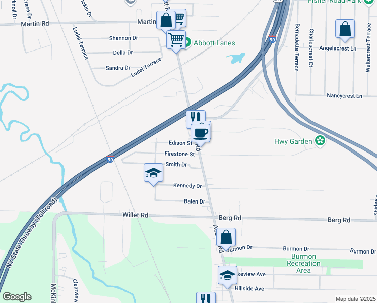 map of restaurants, bars, coffee shops, grocery stores, and more near 176 Firestone Street in Lackawanna