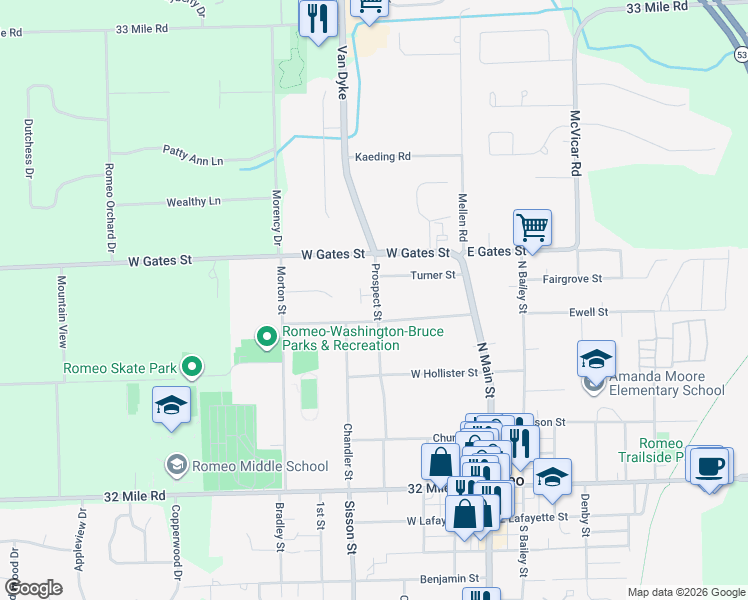 map of restaurants, bars, coffee shops, grocery stores, and more near 250 Minot Street in Romeo