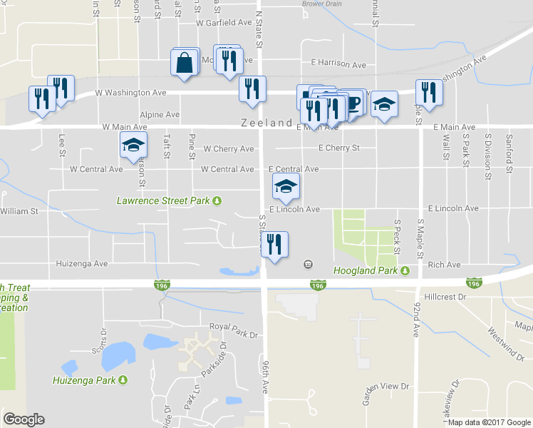map of restaurants, bars, coffee shops, grocery stores, and more near 4 East Lincoln Avenue in Zeeland