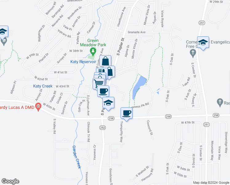 map of restaurants, bars, coffee shops, grocery stores, and more near 1261 Boulder Drive in Casper