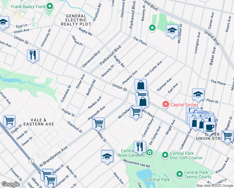 map of restaurants, bars, coffee shops, grocery stores, and more near 1139 Eastern Avenue in Schenectady