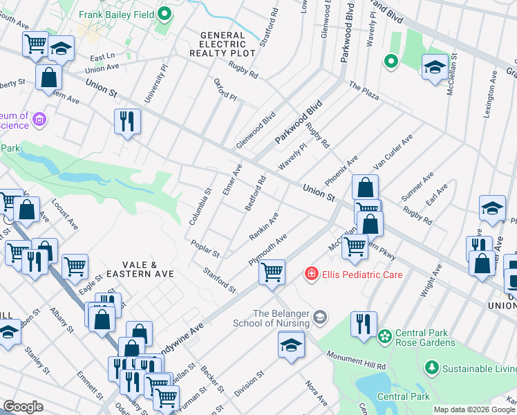 map of restaurants, bars, coffee shops, grocery stores, and more near 814 Bedford Road in Schenectady