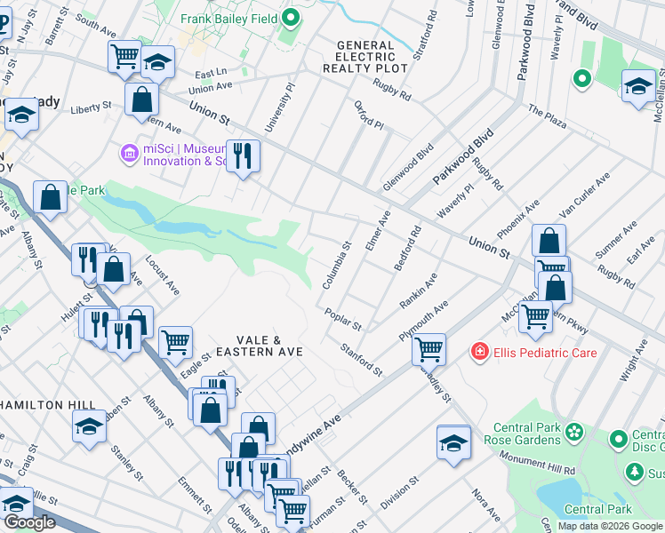 map of restaurants, bars, coffee shops, grocery stores, and more near 25 Columbia Street in Schenectady