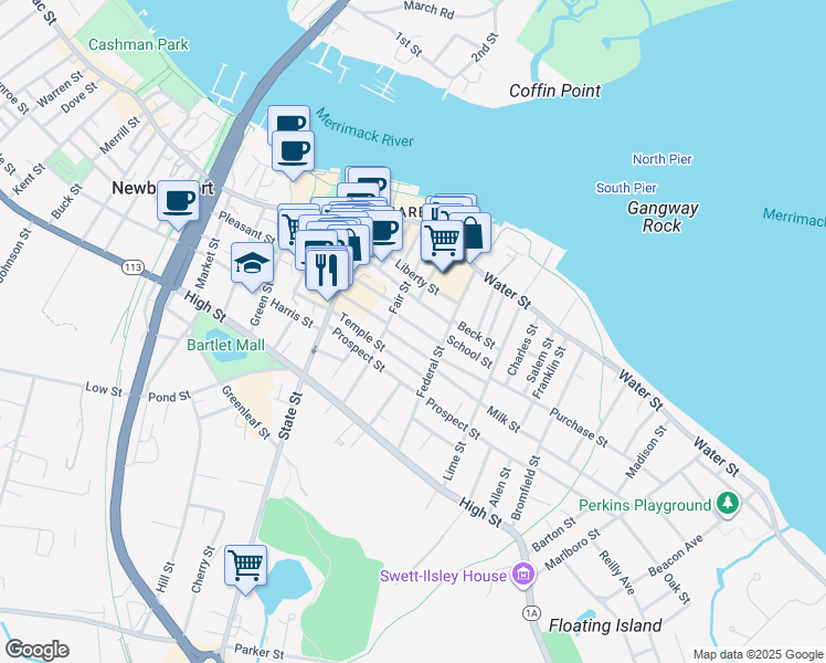 map of restaurants, bars, coffee shops, grocery stores, and more near 12 Spring Street in Newburyport