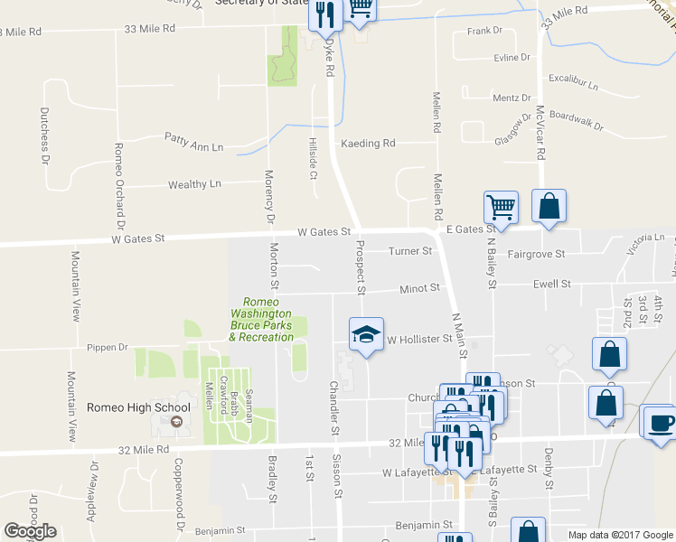 map of restaurants, bars, coffee shops, grocery stores, and more near 250 Minot St in Romeo