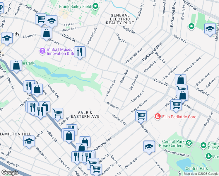 map of restaurants, bars, coffee shops, grocery stores, and more near 25 Columbia Street in Schenectady