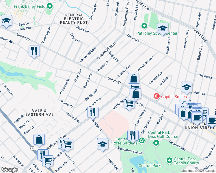 map of restaurants, bars, coffee shops, grocery stores, and more near 1139 Eastern Avenue in Schenectady