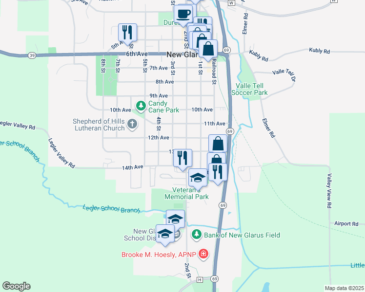 map of restaurants, bars, coffee shops, grocery stores, and more near 1213 2nd St in New Glarus