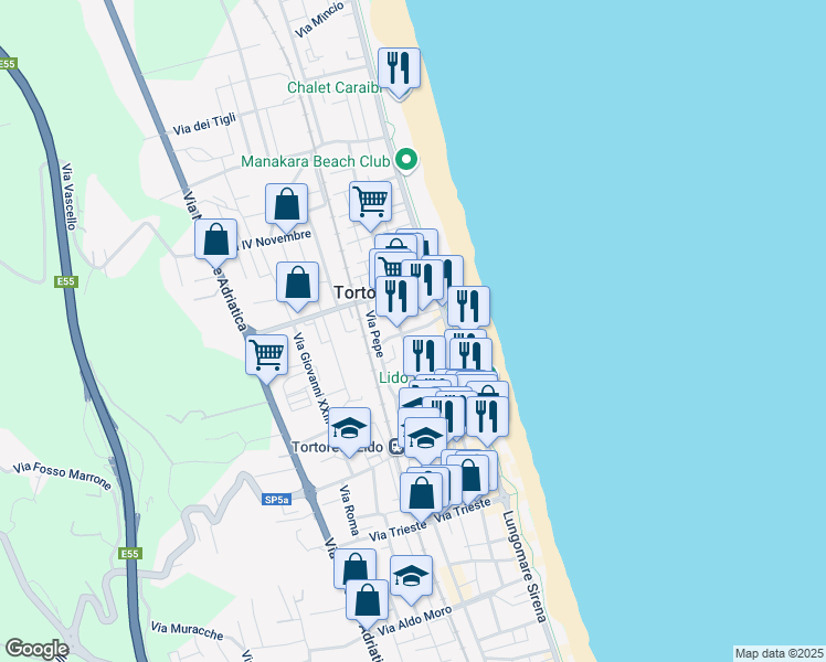 map of restaurants, bars, coffee shops, grocery stores, and more near 23 Via Nizza in Tortoreto Lido