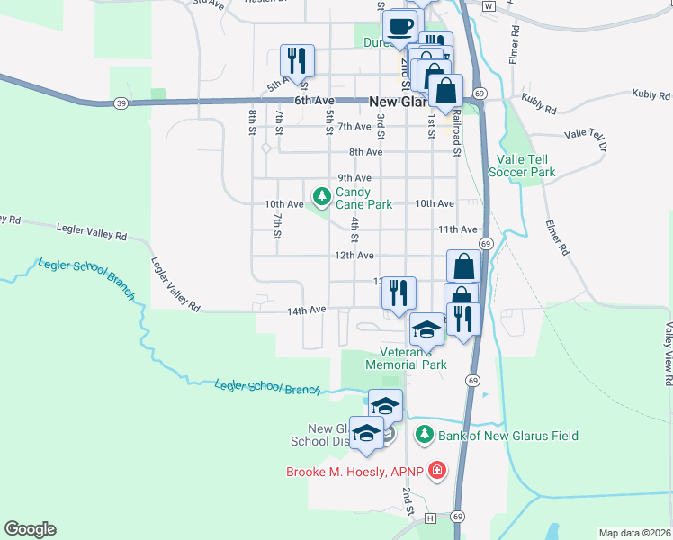 map of restaurants, bars, coffee shops, grocery stores, and more near 1212 5th Street in New Glarus